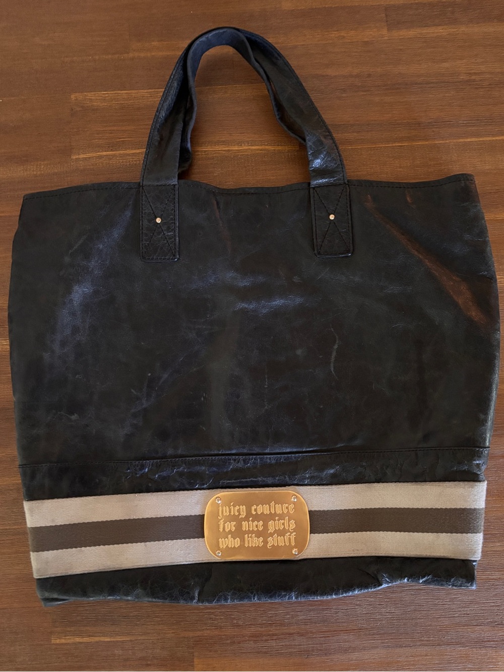 Juicy Couture Black Canvas Tote with Brown & Cream Striped Trim